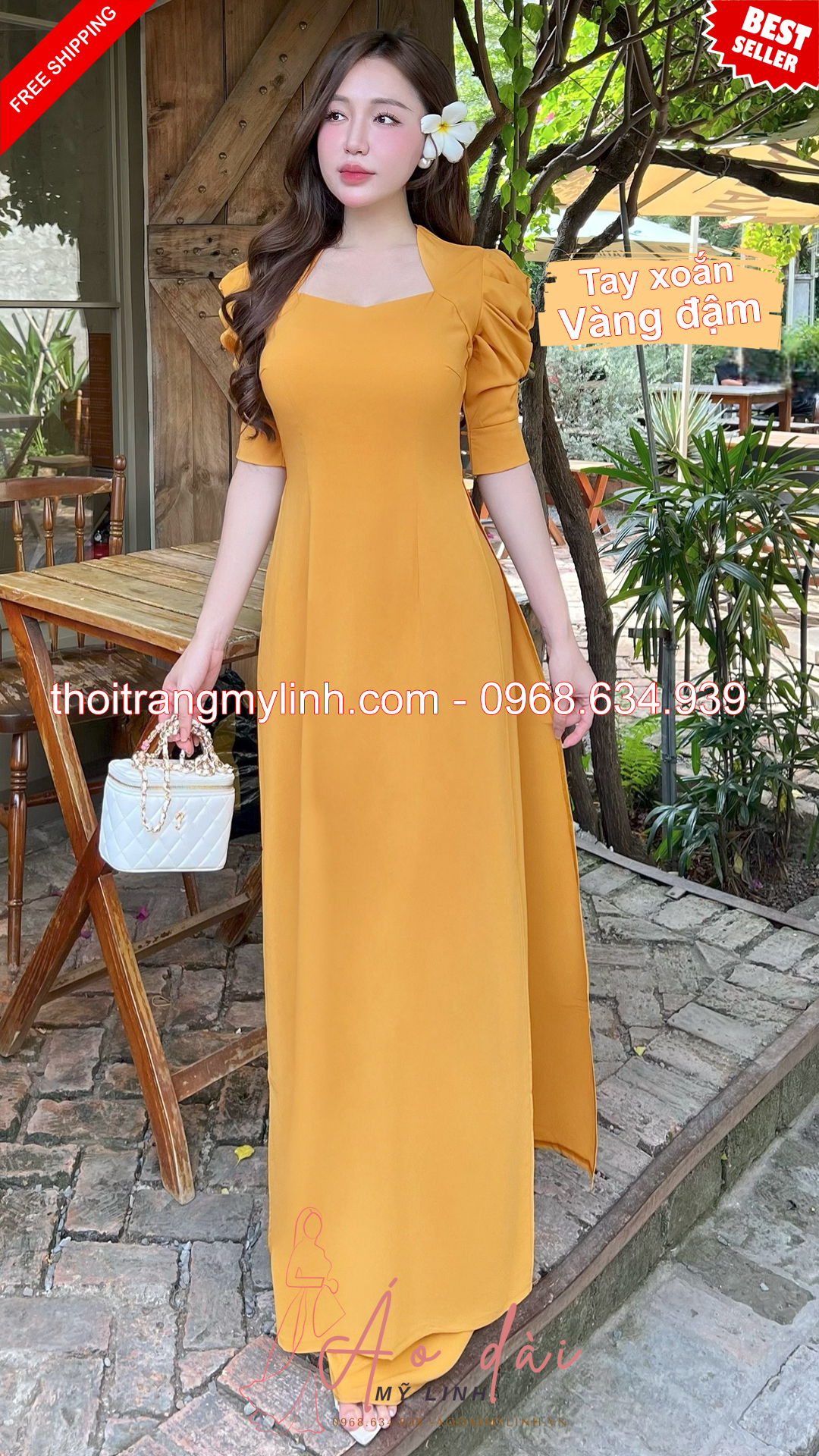 Bộ áo dài cổ nữ hoàng tay xoắn vàng đậm